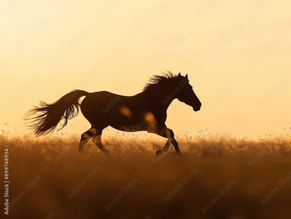 Silhouette of a horse running in a field during sunset, capturing the essence of freedom and nature in a beautiful, serene moment. Silhouette of a horse running in a field during sunset, capturing the essence of freedom and nature in a beautiful, serene moment.