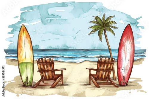 Surf Board Clip Art. Set of Illustrated Surfboards with Beach Chairs on Tropical Beach
