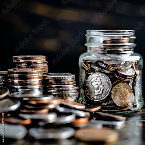 Pile of coins next to a foggy glass jar, mysterious and intriguing, Coins foggy jar, hidden wealth