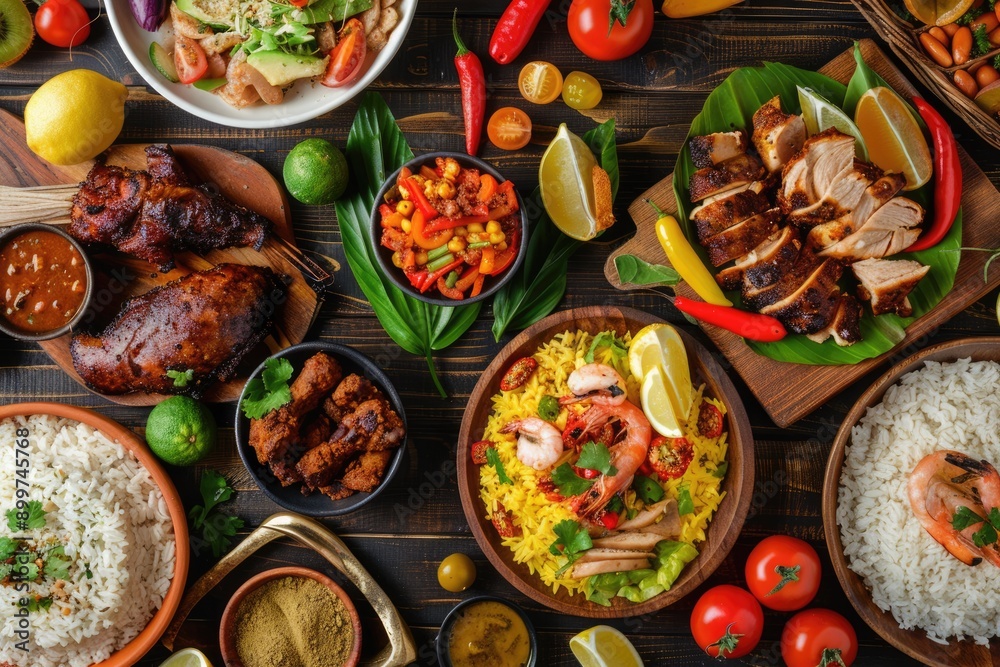 Caribbean Cuisine Set. Top View of Creole and Cajun Dishes with Amerindian Influence Caribbean Cuisine Set. Top View of Creole and Cajun Dishes with Amerindian Influence