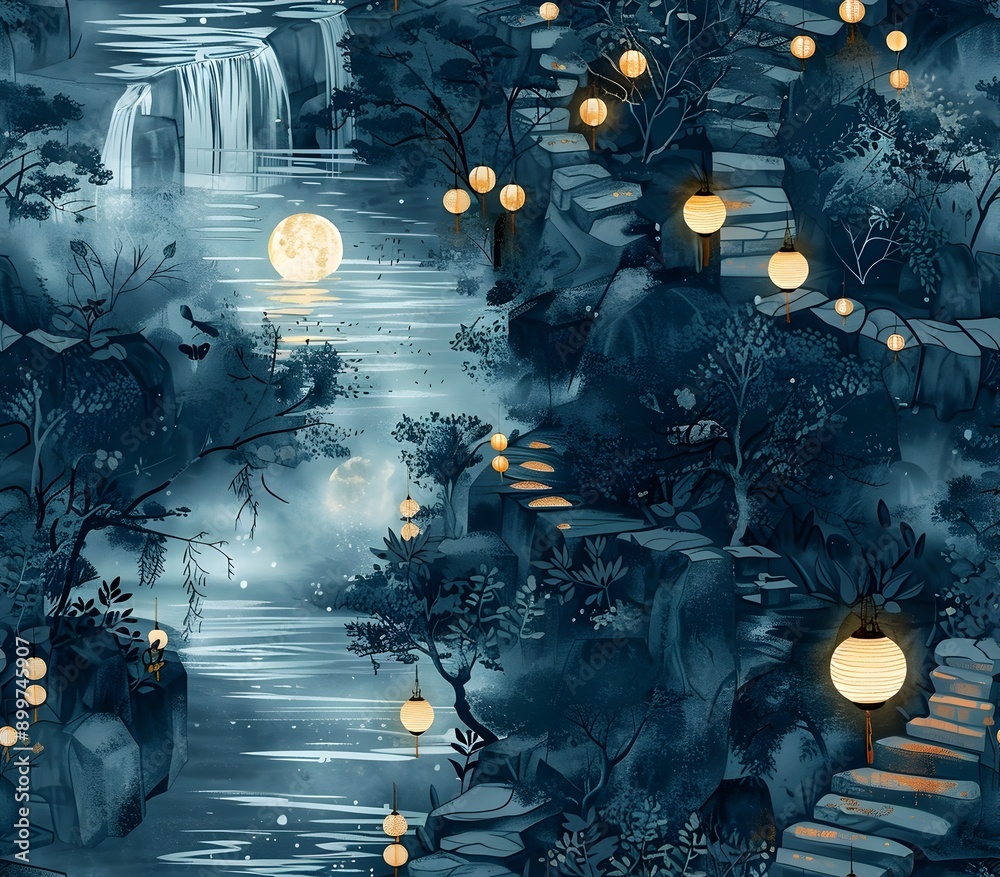 Obraz premium Serene Enchanted River with Japanese Wave Patterns and Paper Lanterns