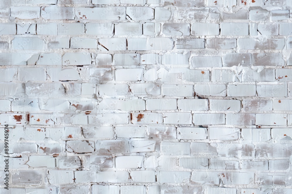 Fototapeta premium A close-up of a white brick wall with visible mortar joints and some paint chipping.