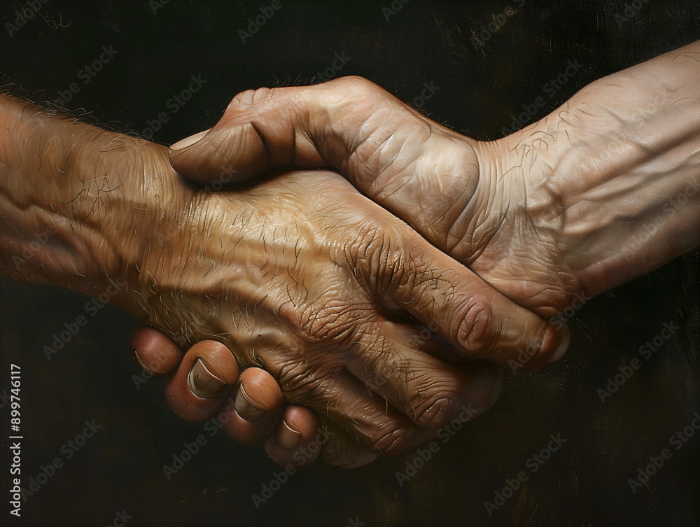 Fototapeta premium Friendly handshake, isolated hands on black background, friends day, friendship