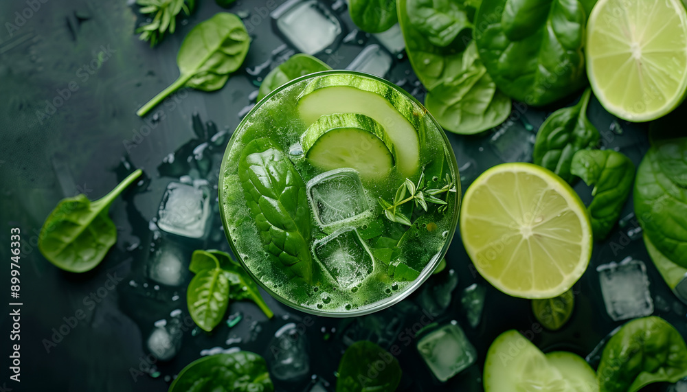Obraz premium Cocktail of spinach and green vegetables and fruit, drink background, top view