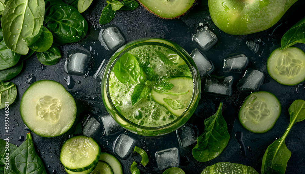 Cocktail of spinach and green vegetables and fruit, drink background, top view