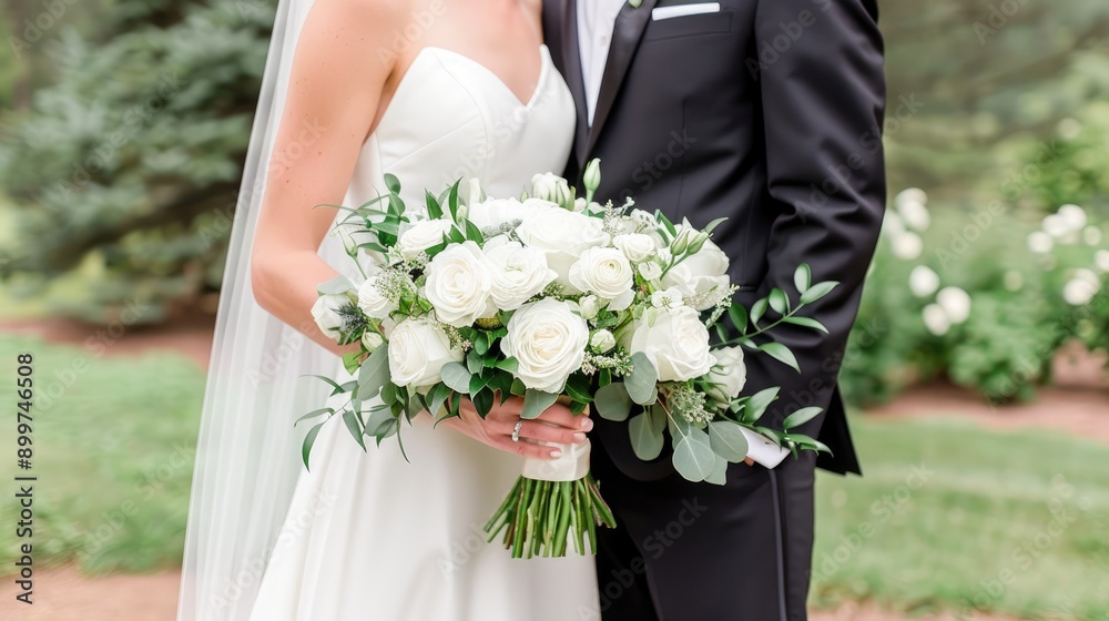 A bride stands gracefully, clutching a bouquet filled with white roses and greenery, surrounded by vibrant grass on a bright day A bride stands gracefully, clutching a bouquet filled with white roses and greenery, surrounded by vibrant grass on a bright day