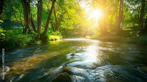 forest with a river flowing through, sunlight filtering through the trees photo