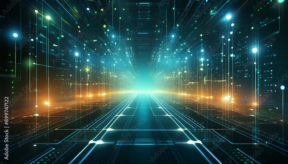 Obraz premium A futuristic cityscape illuminated by glowing lines and orbs
