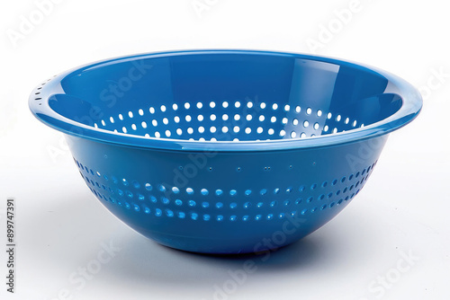 Blue plastic colander on a white background.