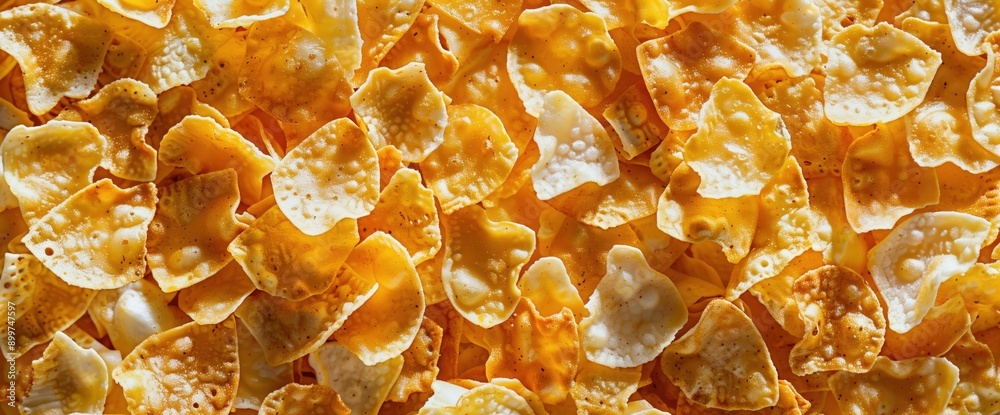 Macro close-up of golden cornflakes, crisp corn flake breakfast food texture surface for wallpaper banner background with copyspace Macro close-up of golden cornflakes, crisp corn flake breakfast food texture surface for wallpaper banner background with copyspace