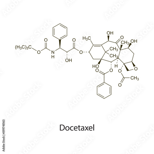 Docetaxel flat skeletal molecular structure Antineoplastic drug used in cancer treatment. Vector illustration scientific diagram.