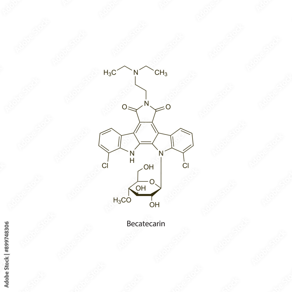Becatecarin flat skeletal molecular structure Antineoplastic drug used in cancer treatment. Vector illustration scientific diagram. Becatecarin flat skeletal molecular structure Antineoplastic drug used in cancer treatment. Vector illustration scientific diagram.