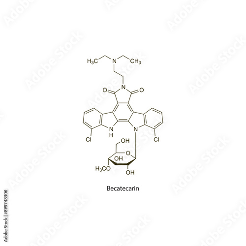 Becatecarin flat skeletal molecular structure Antineoplastic drug used in cancer treatment. Vector illustration scientific diagram.
