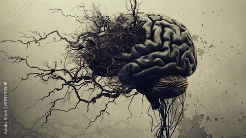 An artistic depiction of a human brain with dark, tangled vines growing out of it, illustrating the grip of negative thoughts and emotions.