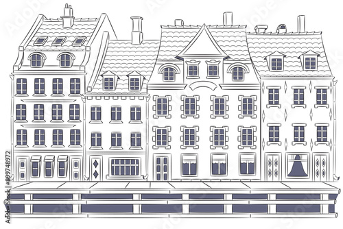 Vector drawing of old houses on the Nyhavn canal embankment in Copenhagen.