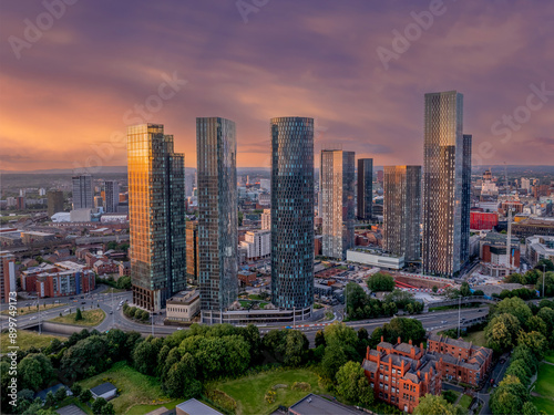 Canvas Print Manchester City Centre, England, United Kingdom, Manchester City Centre, England, United Kingdom at dawn with city lights and dark skies of this English city