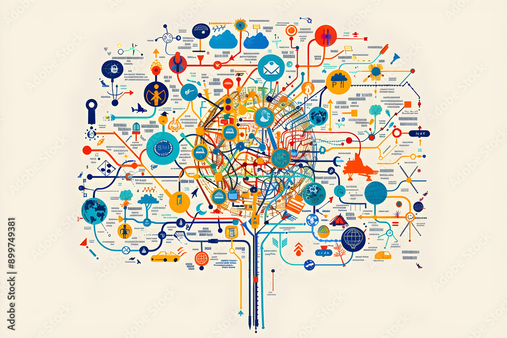 Obraz premium Comprehensive Mind Map Diagram Visualizing Complex Ideas and Connections in a Circular Layout