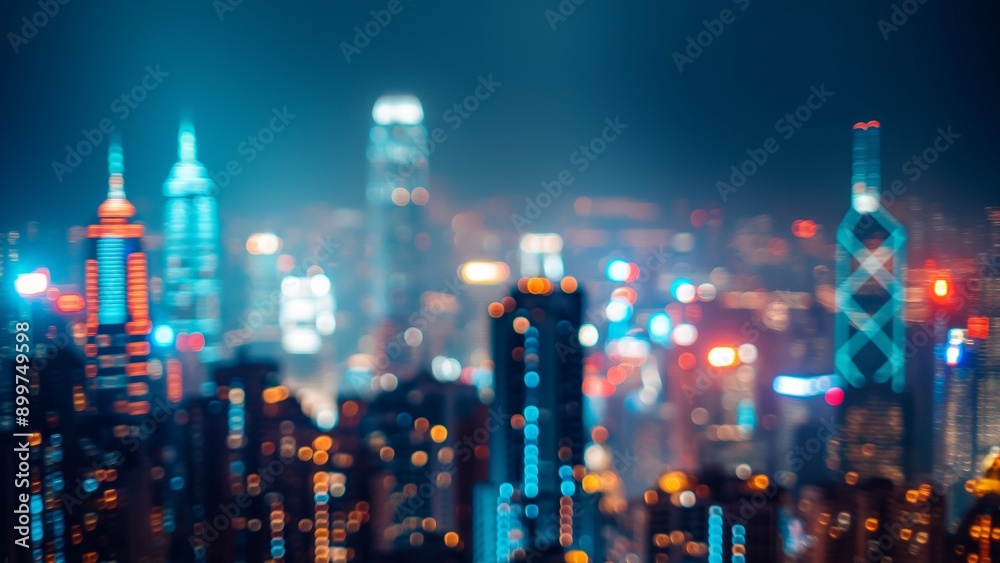 View of the city skyline at night with colorful lights View of the city skyline at night with colorful lights