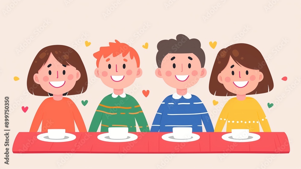 Cheerful Group of Children Sitting Together at Table with Empty Cups, Cute Cartoon Style, Friendship and Happiness, Colorful Attire, Heart Decorations, Fun Social Gathering Cheerful Group of Children Sitting Together at Table with Empty Cups, Cute Cartoon Style, Friendship and Happiness, Colorful Attire, Heart Decorations, Fun Social Gathering