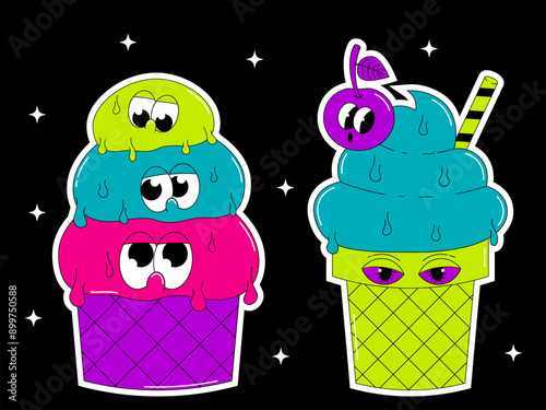 Trendy psychedelic stickers ice cream. Mystic characters in waffle cup with cherry, stick, three scoops with weird emotion. Retro dessert mascot in groovy style. Vector set