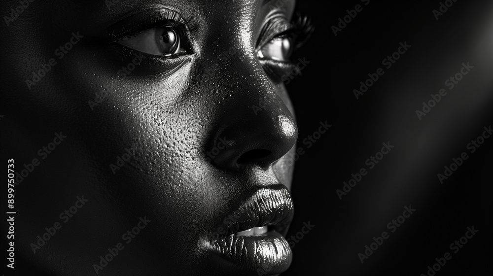 Black and white portrait of a afroamerican woman with dramatic lighting and strong contrast. Woman's face partially obscured by shadows, emphasizing her lips and the contour of her face. Black and white portrait of a afroamerican woman with dramatic lighting and strong contrast. Woman's face partially obscured by shadows, emphasizing her lips and the contour of her face.