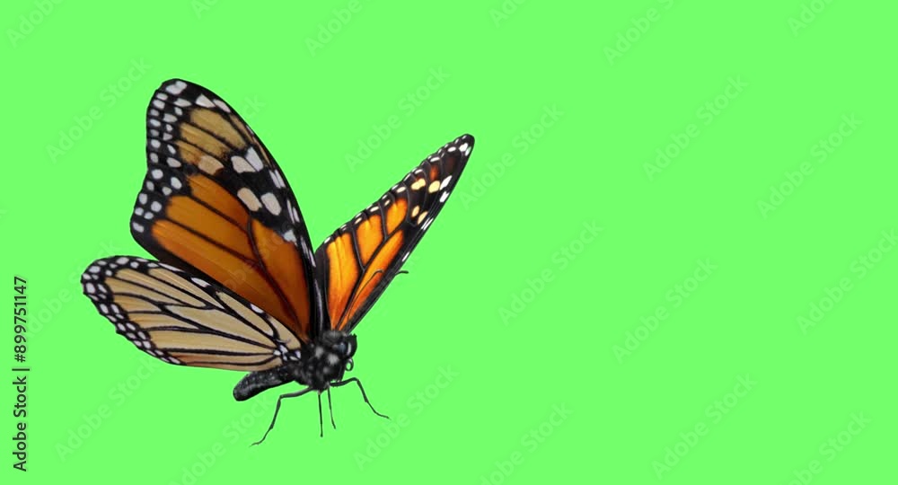 Close up view flying beauty full butterfly on green screen background.