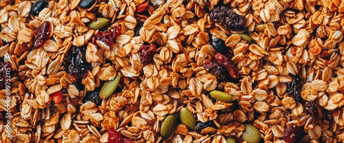 Macro close-up of golden fresh granola mix with nuts and dried fruits, colorful crunchy granola texture surface for wallpaper banner background with copyspace photo