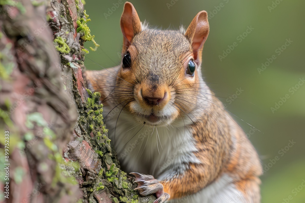 A funny curious squirrel in a city park looks straight into the camera. Close-up portrait. A funny curious squirrel in a city park looks straight into the camera. Close-up portrait.