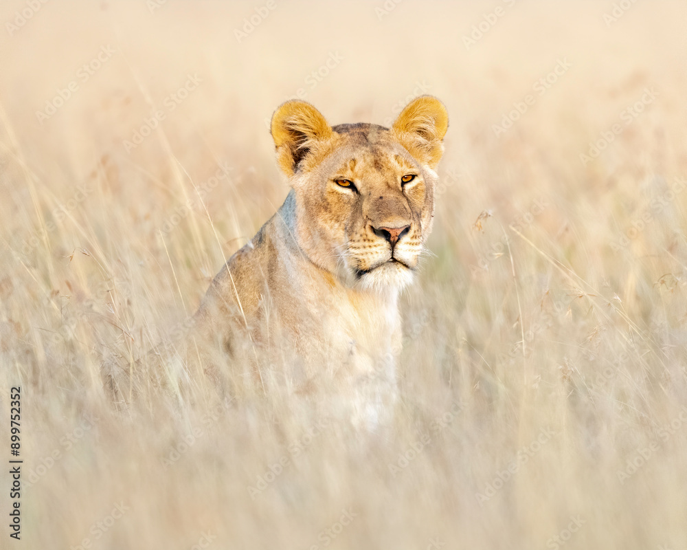 Obraz premium A Lioness (Panthera Leo) hunting in the savannah of Maasai Mara, Kenya, Africa