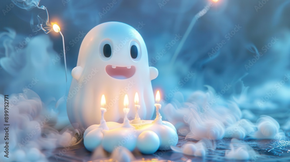 Obraz premium A cute ghost character with candles, surrounded by soft clouds, creating a whimsical and festive atmosphere.