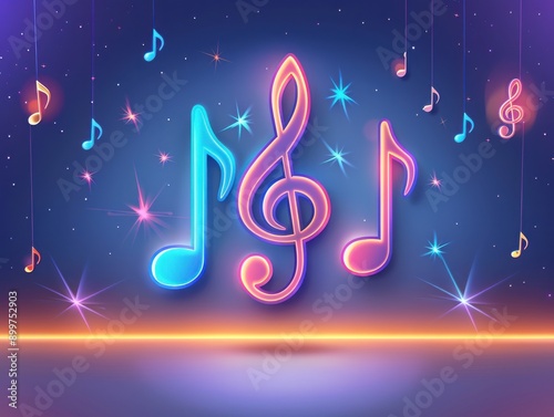 Vibrant music notes in neon colors against a starry background, perfect for inspiring creativity and artistic expression.