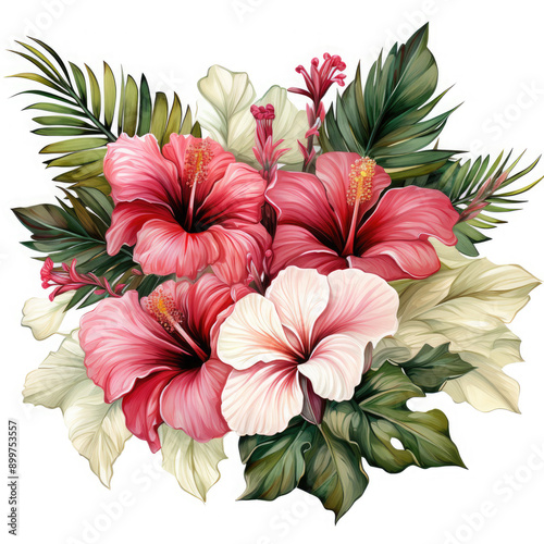 watercolor hibiscus flowers arrangement, red and white clip art preview