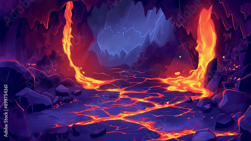 The Volcano lava hell rock cave view fantasy game background, Illustration photo