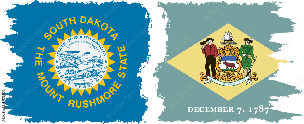 Fototapeta premium Delaware and South Dakota states grunge brush flags connection, vector