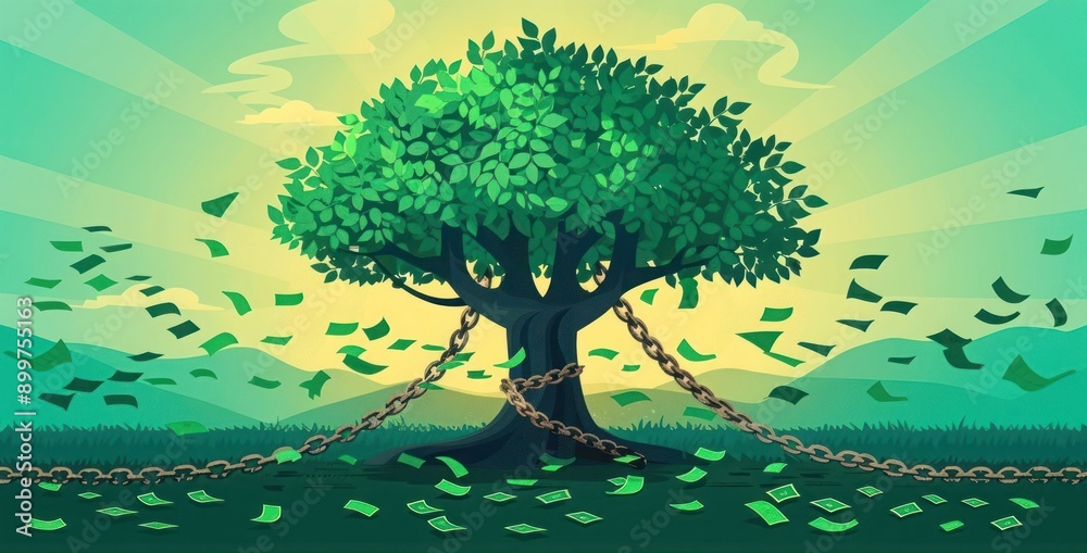 Conceptual illustration of money tree with chains, symbolizing financial constraints and growth potential in a green landscape. Conceptual illustration of money tree with chains, symbolizing financial constraints and growth potential in a green landscape.