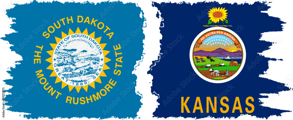 Fototapeta premium Kansas and South Dakota states grunge brush flags connection, vector