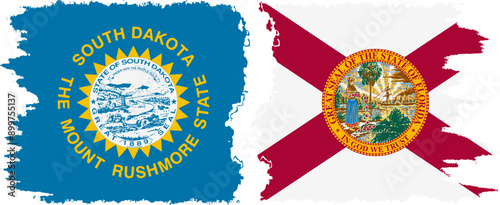 Florida and South Dakota states grunge brush flags connection, vector
