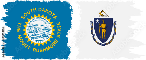 Massachusetts and South Dakota states grunge brush flags connection, vector photo