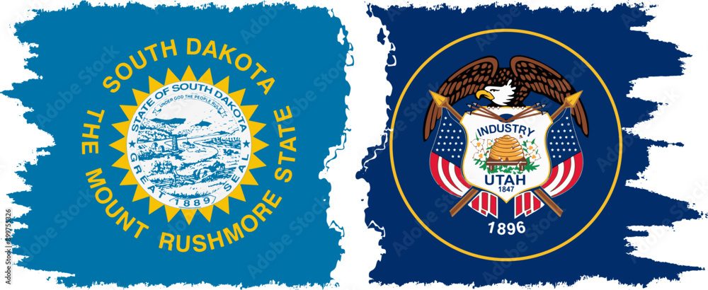 Fototapeta premium Utah and South Dakota states grunge brush flags connection, vector
