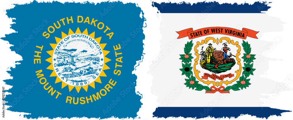 Fototapeta premium West Virginia and South Dakota states grunge brush flags connection, vector