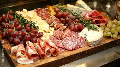 An elegant charcuterie board with a variety of cheeses, meats, and fruits