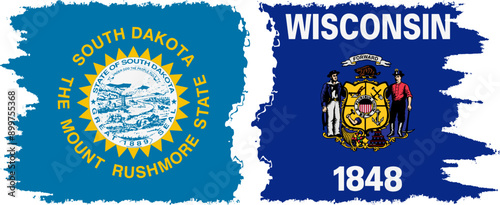 Wisconsin and South Dakota states grunge brush flags connection, vector