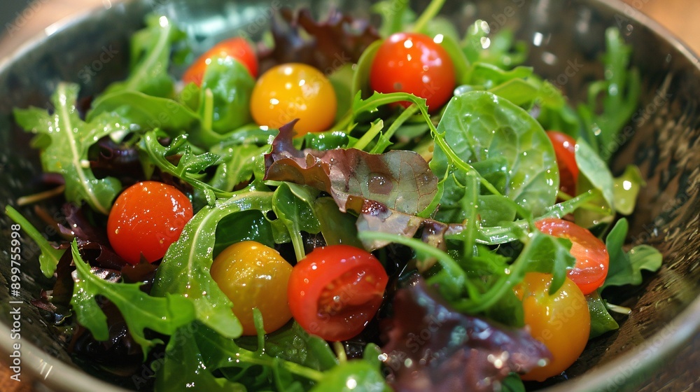A close-up of a salad with mixed greens, cherry tomatoes, and a light vinaigrette A close-up of a salad with mixed greens, cherry tomatoes, and a light vinaigrette