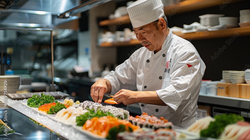 A chef preparing sushi at a counter with fresh ingredients laid out A chef preparing sushi at a counter with fresh ingredients laid out