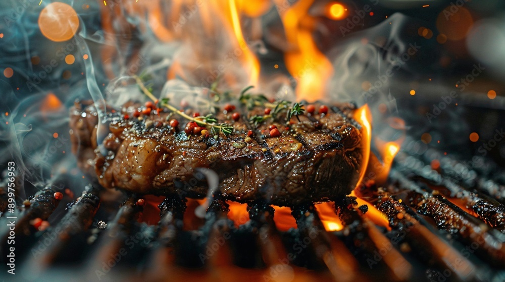A close-up of a steak being grilled with flames and smoke A close-up of a steak being grilled with flames and smoke