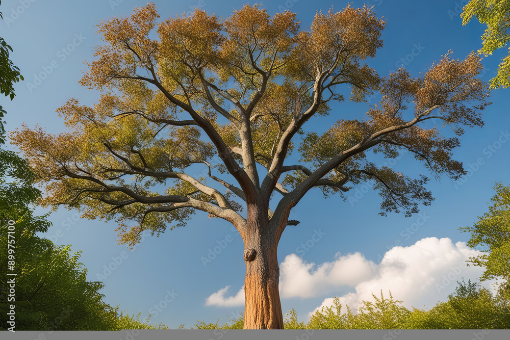 Fototapeta premium Majestic tree in vibrant, lush setting with sprawling branches, intricate roots, and a warm sky, exuding ancient wisdom
