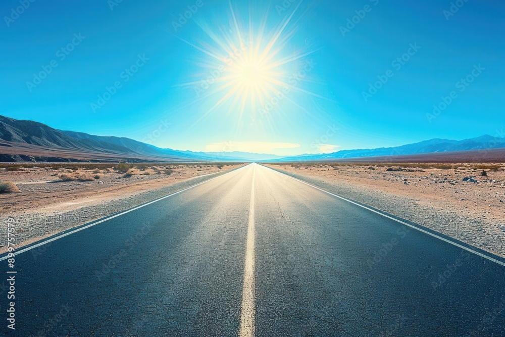 Naklejka premium Lonely asphalt road in the desert, adventure journey, bright sun overhead, expansive horizon