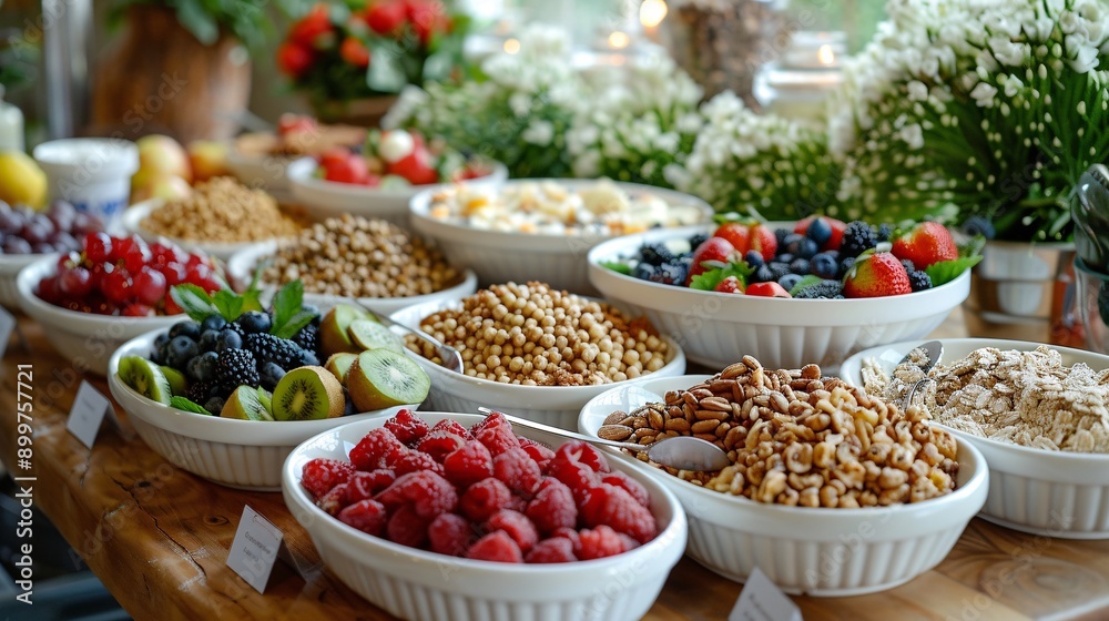 A breakfast table with a variety of cereals, fruits, and yogurt A breakfast table with a variety of cereals, fruits, and yogurt
