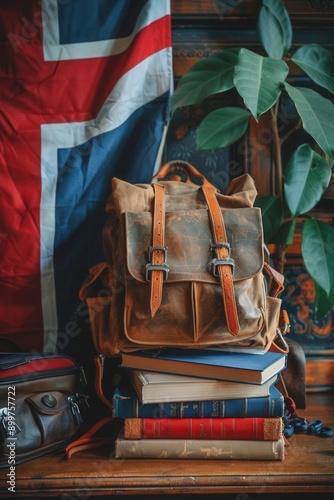 Books and backpack, British flag behind, advertising banner for language courses, studying in the UK, clear copy space
