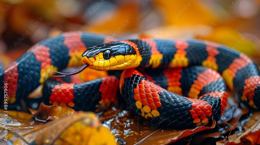 Fototapeta premium Vibrant Coral Snake Navigating Through Leaf Litter Underbrush in Natural Habitat